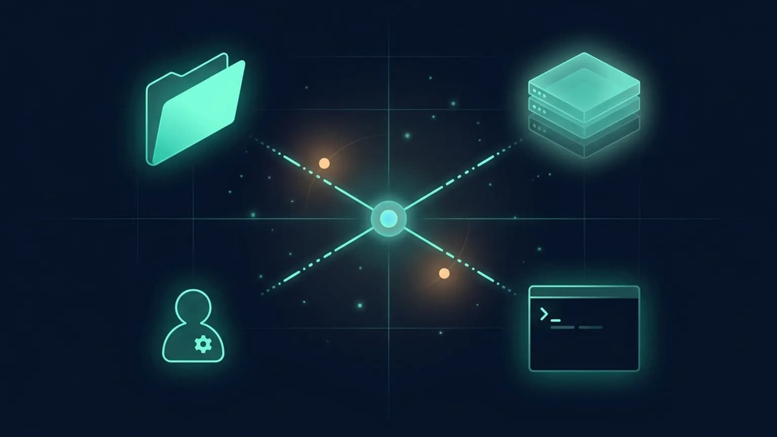 Editorial illustration: a luminous teal four-quadrant diagram on midnight navy. The four quadrants — labelled by glyphs for a folder (Skills), a server stack (MCP), a small agent silhouette (Subagent), and a terminal prompt (CLI) — meet at a crossroads node, connected by faint dot-and-dash light.
