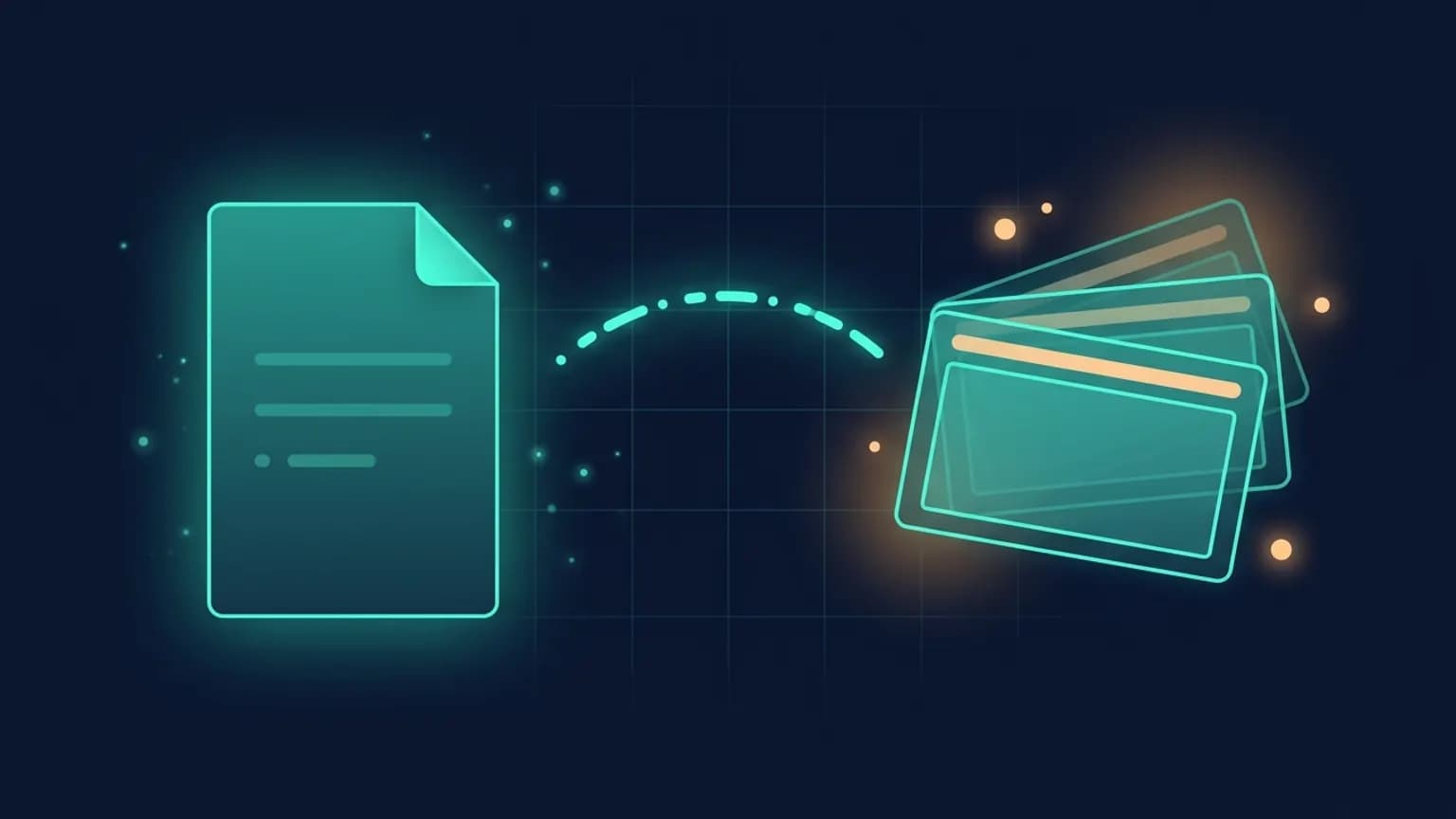Editorial illustration: a markdown document on the left transforming into a fanned deck of slides on the right, connected by a luminous teal flow arc, on a midnight navy background.