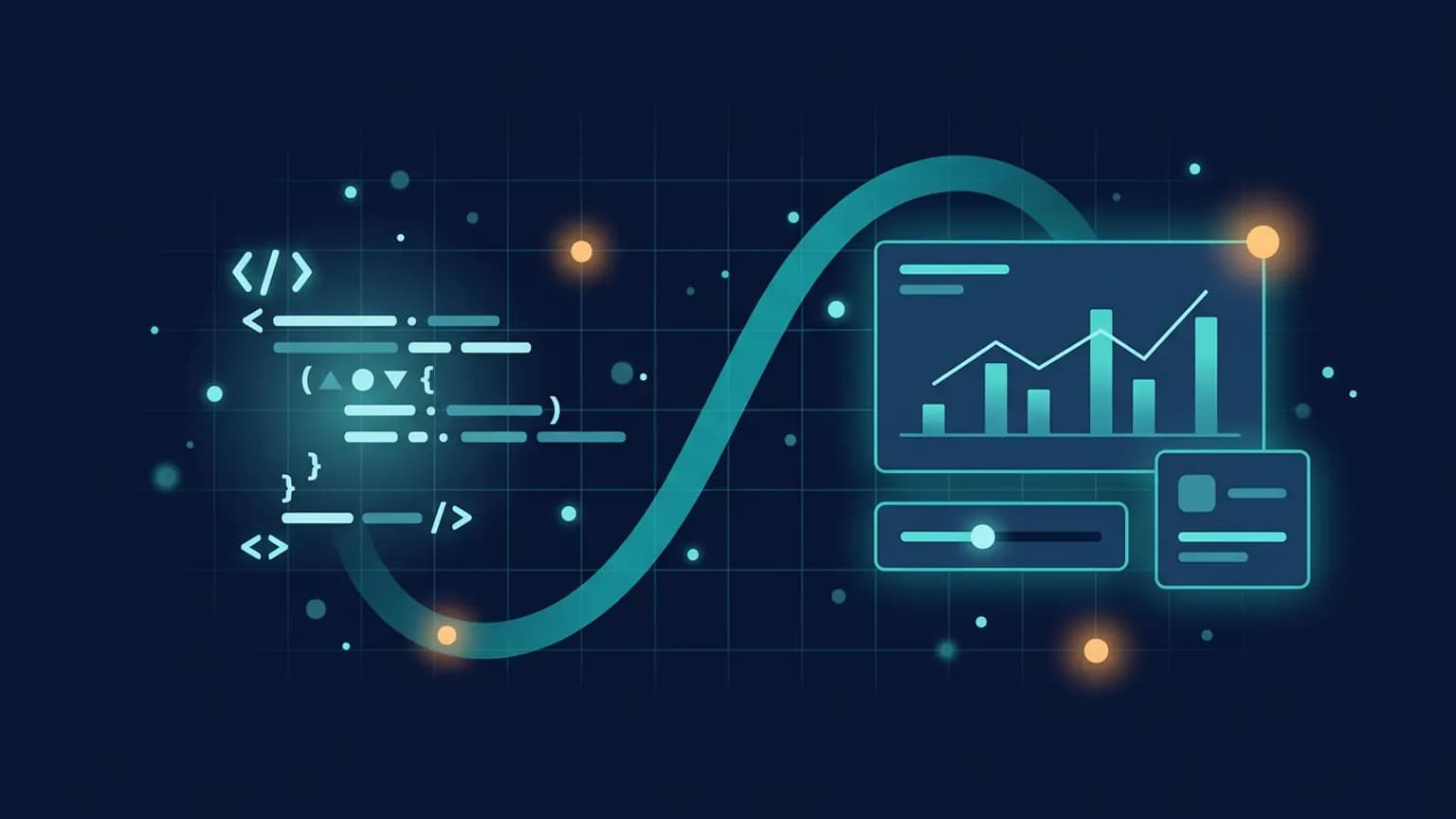 Editorial illustration: a Python snippet on the left flowing into an interactive data dashboard with a chart and a slider on the right, connected by a luminous teal arc, on a midnight navy background.