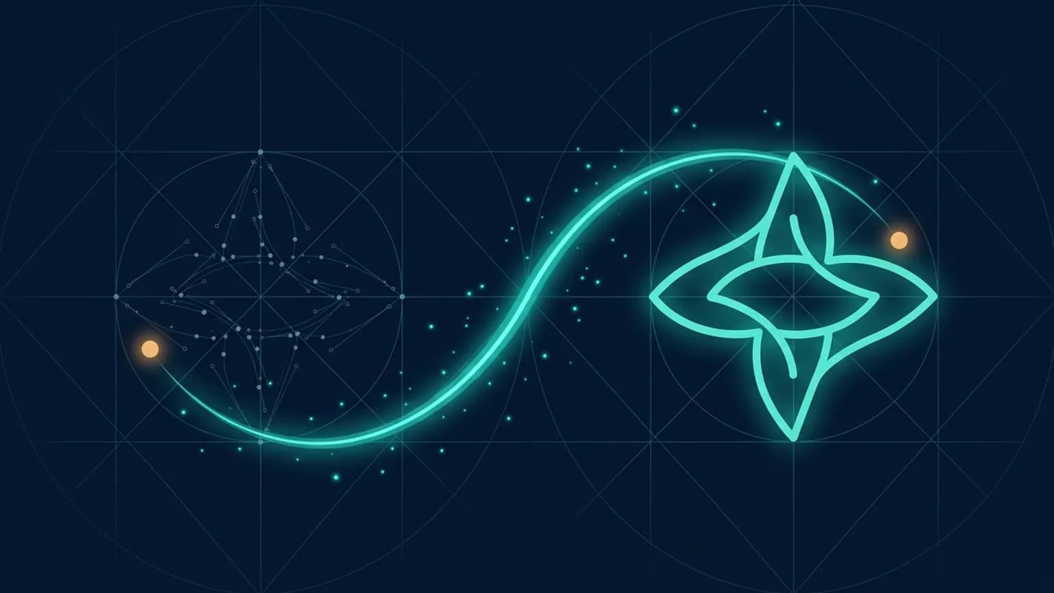 Editorial illustration: a coordinate-grid spec on the left resolving into a clean rendered vector icon on the right, connected by a luminous teal flow arc, on a midnight navy background.