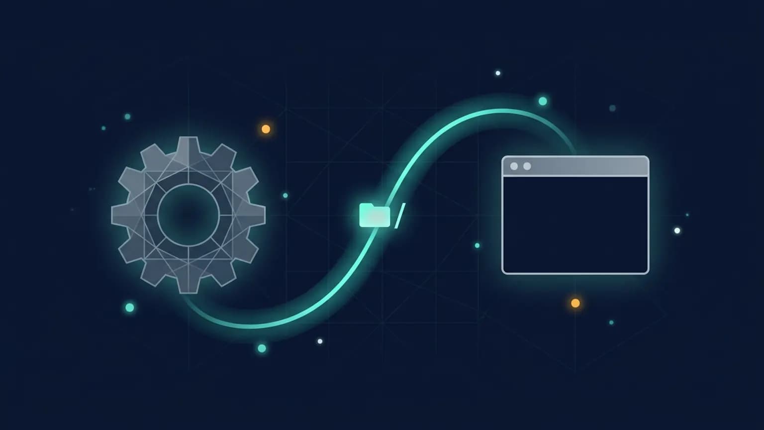 Editorial illustration: a Rust gear glyph on the left and a webview window glyph on the right, bridged by a luminous teal IPC arc carrying a path segment, on a deep midnight navy background.