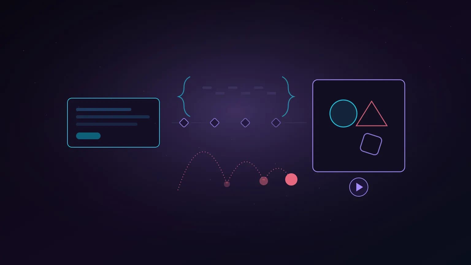 Editorial illustration: a glowing bezier path morphing into orbiting vector shapes with keyframe nodes along a timeline rail, teal and amber glow on a midnight background.