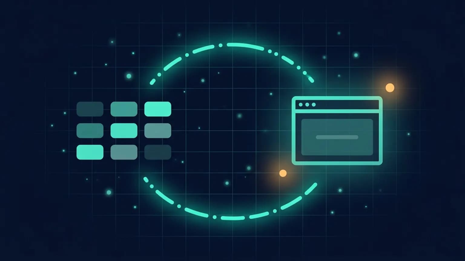 Editorial illustration: a stylised design-system grid glyph on the left connected by a luminous teal flow arc to a browser-window glyph on the right, on a midnight navy background — a component library being rendered into a live UI.