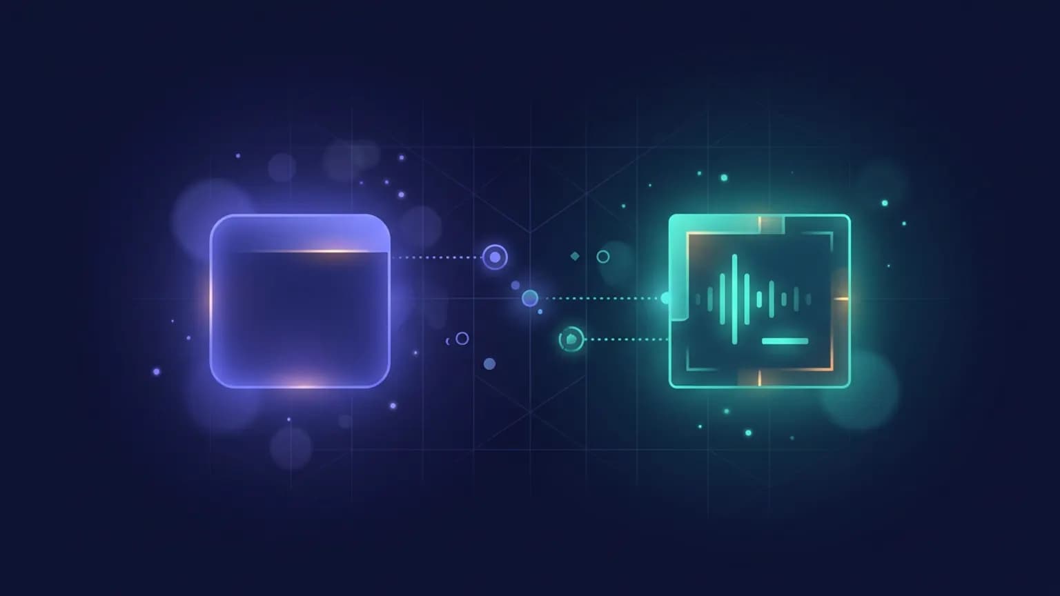 Editorial illustration: two glowing coding-agent glyphs — a window-shaped editor panel and a terminal prompt cursor — wired together by dotted tool-call lines on a deep indigo backdrop.