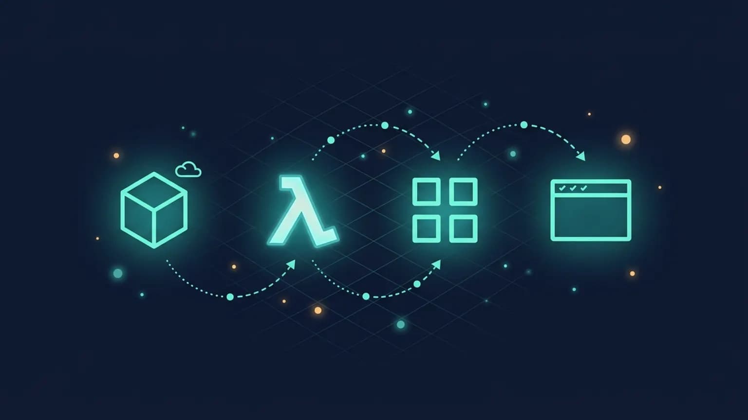 Editorial illustration: four luminous teal sandbox-container glyphs in a horizontal row — a Cloudflare orange-cloud cube, a Modal lambda-symbol, an E2B 2x2 mini-grid, a Daytona dev-box rectangle — connected by softly glowing execution-arrows on a midnight navy backdrop.