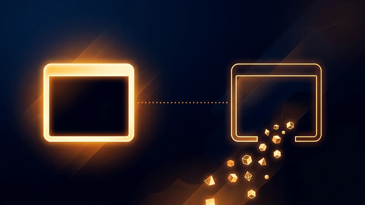 Editorial illustration: two terminal-window glyphs facing each other across a midnight backdrop — one sealed and luminous, one open with visible weights spilling out — joined by a dotted MCP connection line.