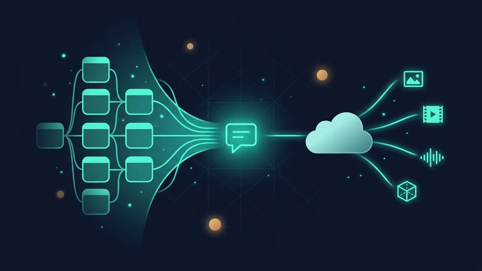 Editorial illustration: a luminous teal node-graph collapsing into a single glowing chat-bubble glyph, with small image, video, audio, and cube glyphs streaming out of a cloud-shaped GPU node, set against a deep midnight-navy backdrop with soft particle-field bokeh.