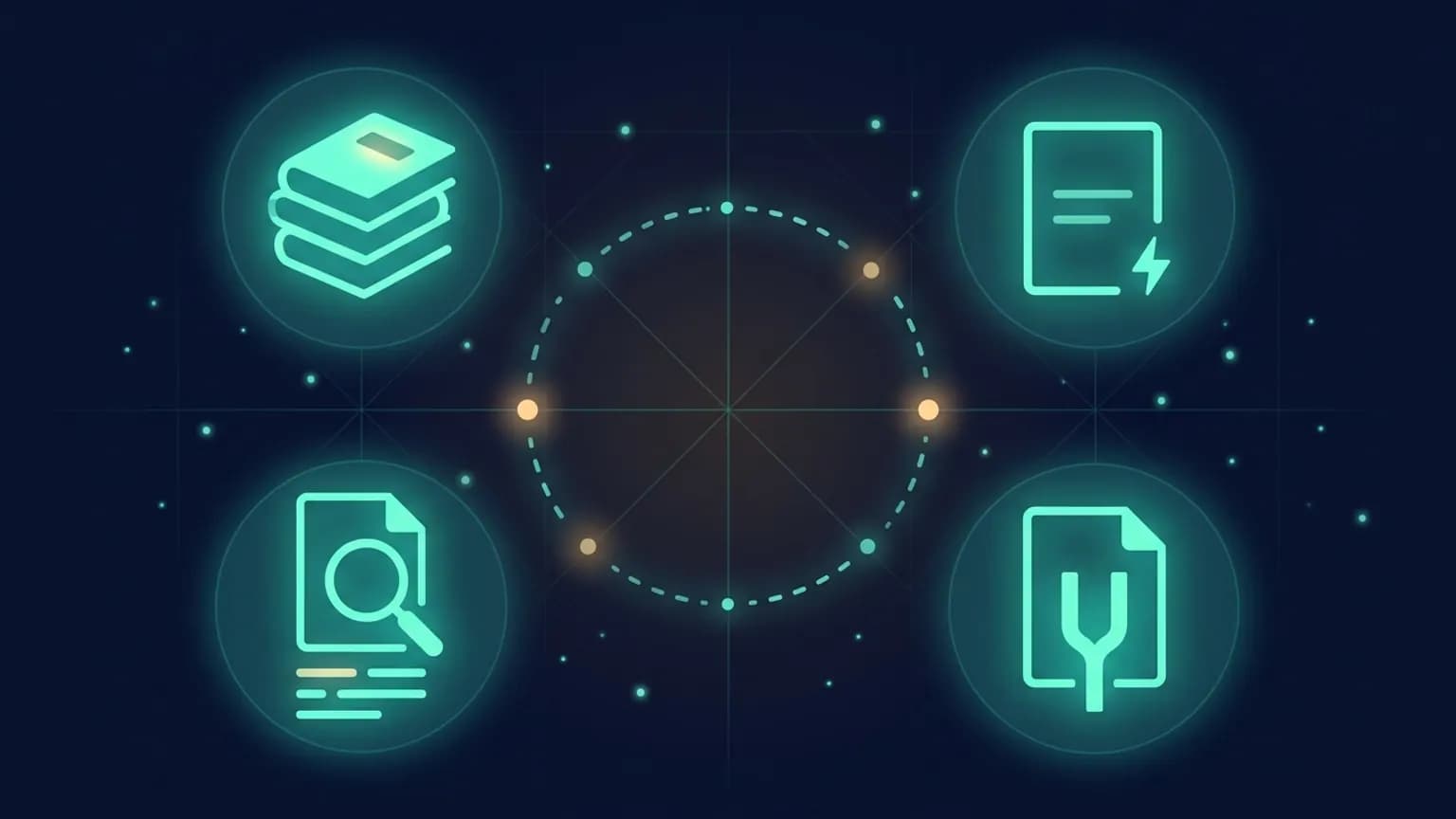 Editorial illustration: a 2x2 grid of luminous teal documentation glyphs (books, wiki page, magnifying glass over docs, document split) connected by a soft cross of dot-and-dash light, on a midnight navy background.