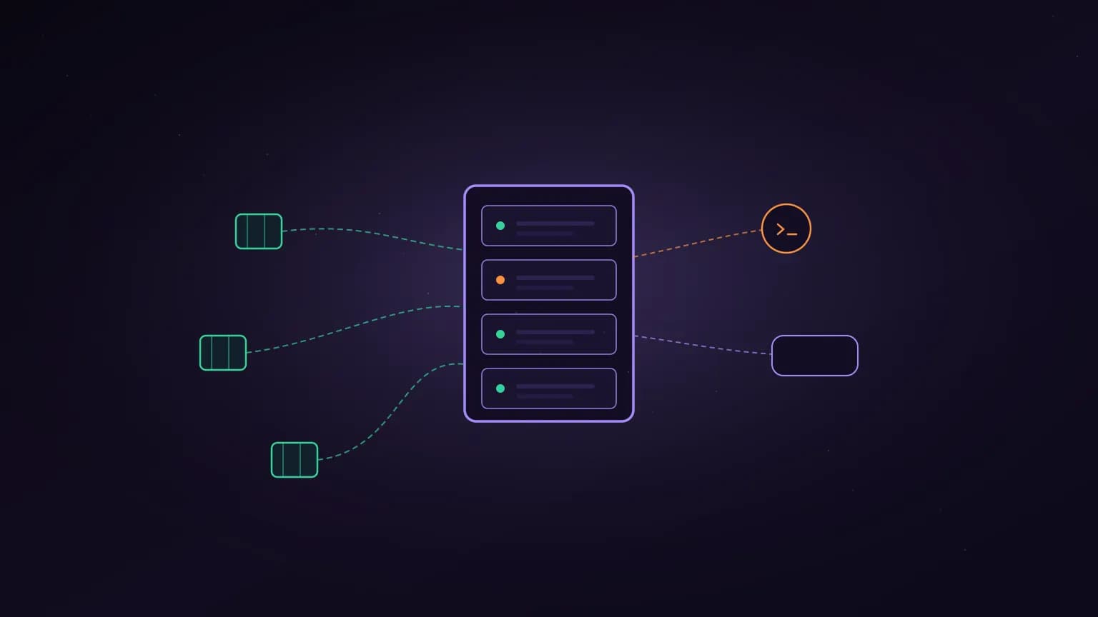 Editorial illustration: a luminous purple self-hosted server rack glyph at the center, shipping-container shapes docking onto it along softly glowing deployment arcs, with a constellation of smaller chat-bubble and terminal glyphs orbiting on a deep midnight backdrop.