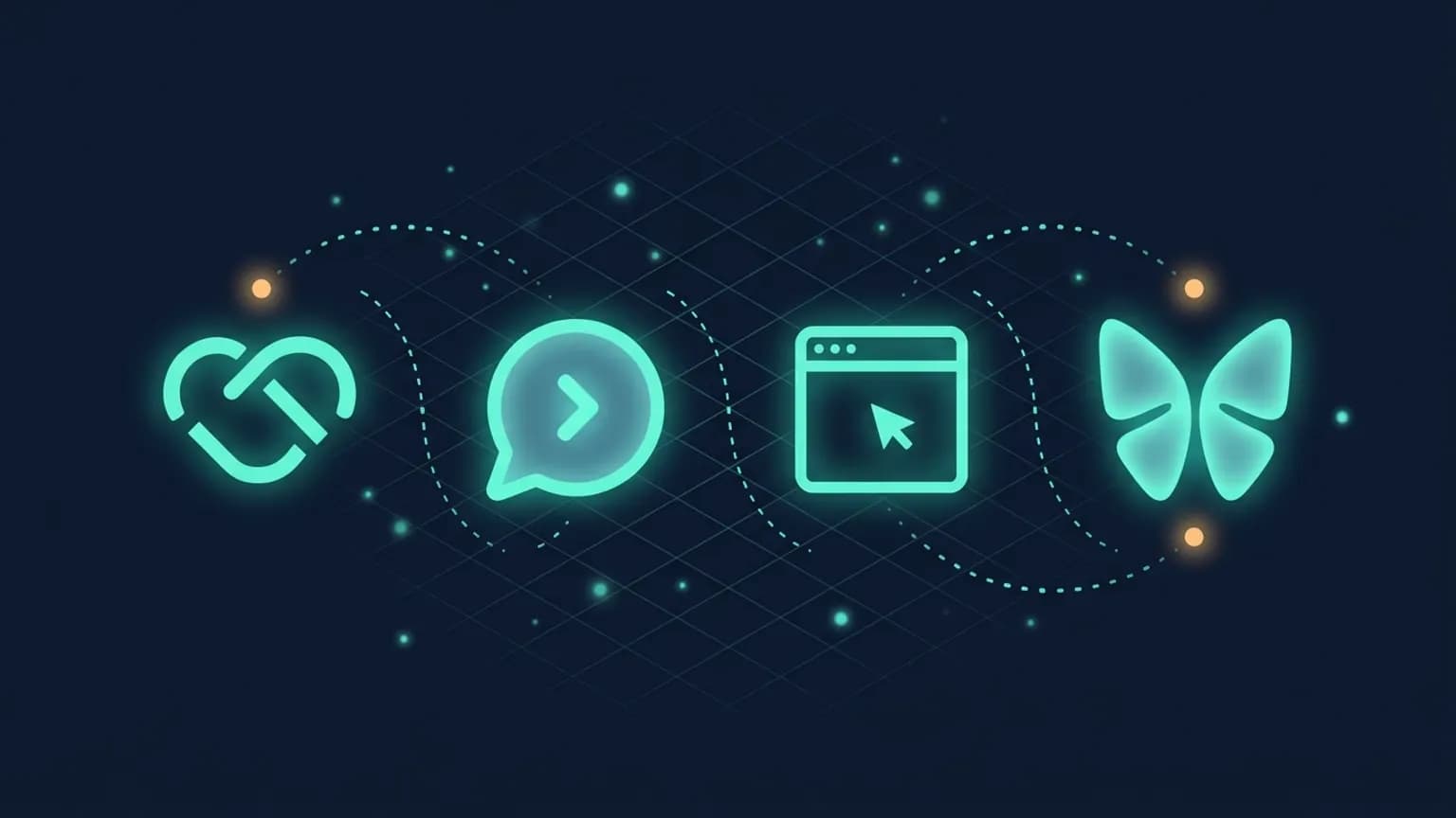 Editorial illustration: four luminous teal managed-agent glyphs in a horizontal row — a Cowork pair-handshake, a ChatGPT chat-bubble agent, an Operator browser-cursor, a Manus butterfly-wing — connected by softly glowing autonomy-arrows on a midnight navy backdrop.