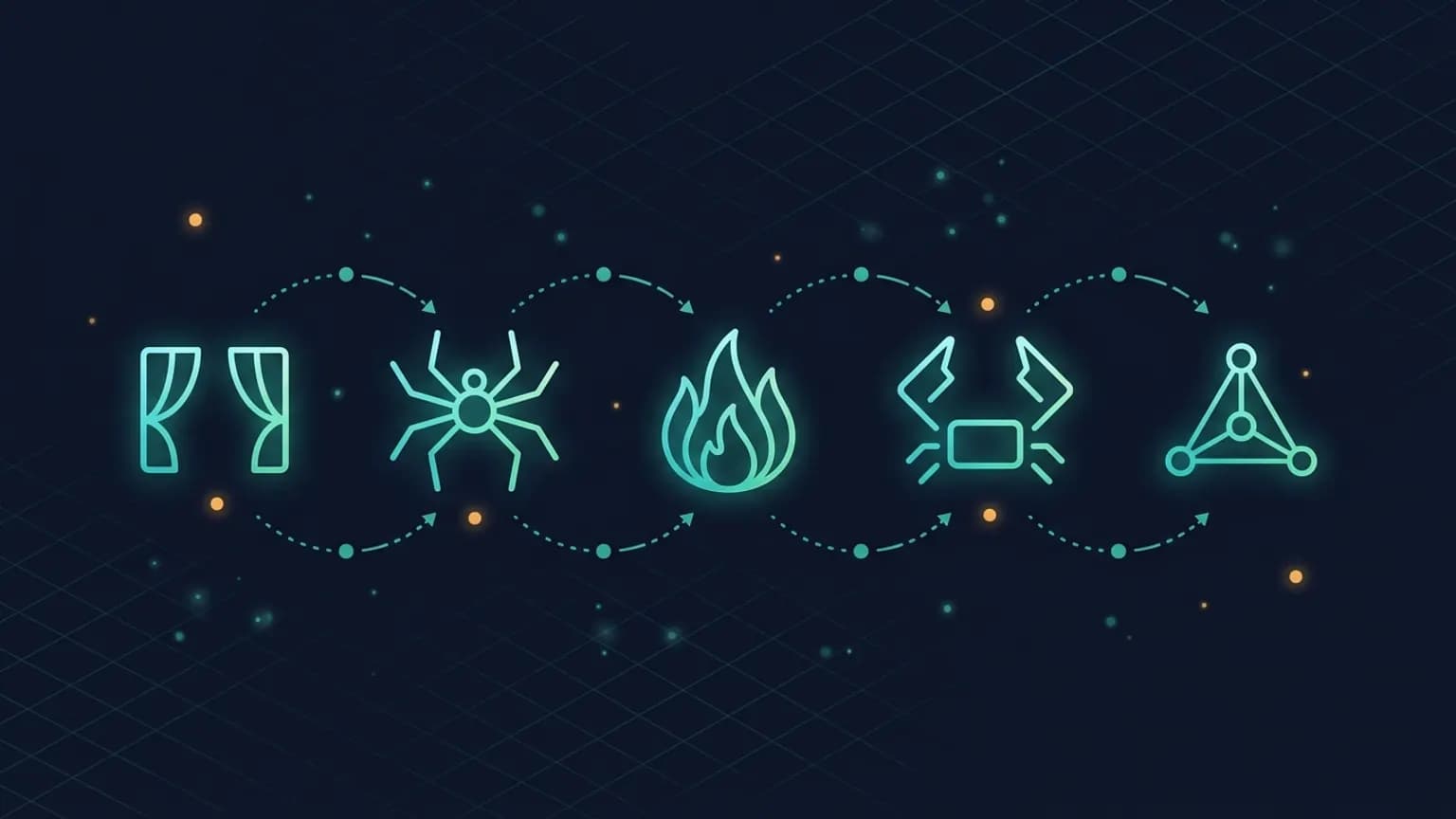 Editorial illustration: five luminous teal web-scraping glyphs in a horizontal row — an Apify-actor stage-curtain, a Spider eight-legged radial, a Firecrawl flame-stack, a Crawlee crab-pincer, a ScrapeGraph node-network — connected by data-pipeline arrows on a midnight navy backdrop.