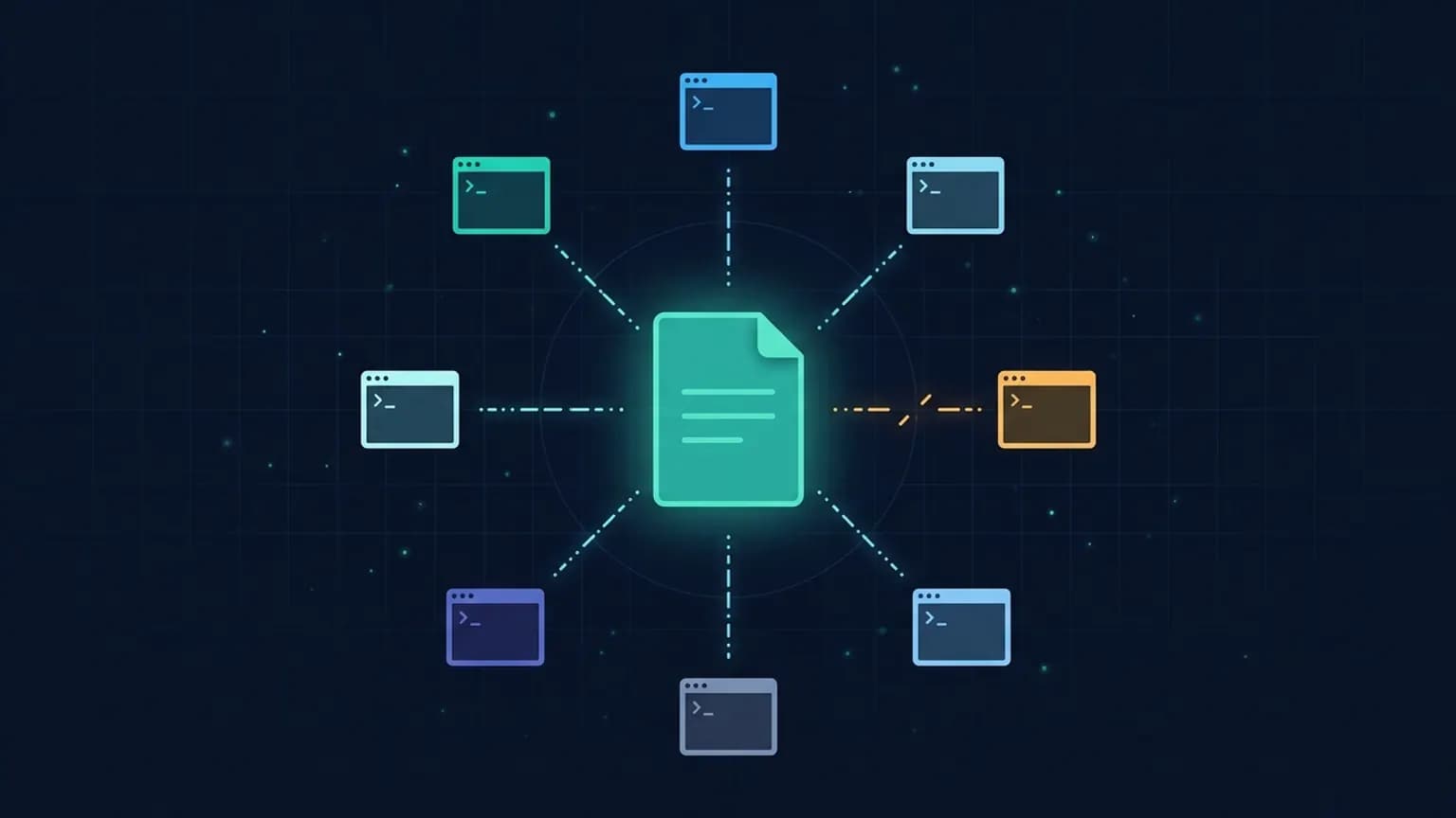 Editorial illustration: a single luminous SKILL.md document at the centre of a midnight navy field, with eight teal dotted lines radiating out to glyphs for Claude, Cursor, Codex, Cline, Antigravity, Gemini, Mastra, and Vercel — three of the lines are dashed instead of solid, signalling the adapters and rewrites the post is about.