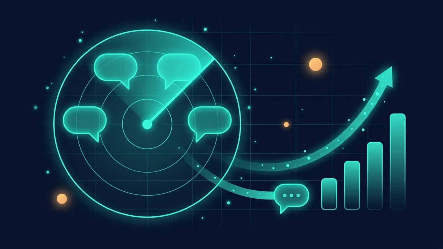Editorial illustration: a luminous teal radar/visibility dial scanning four glowing answer-bubble glyphs, with a small chat-bubble glyph feeding a rising ranking bar, set against a deep midnight-navy backdrop with soft particle-field bokeh.