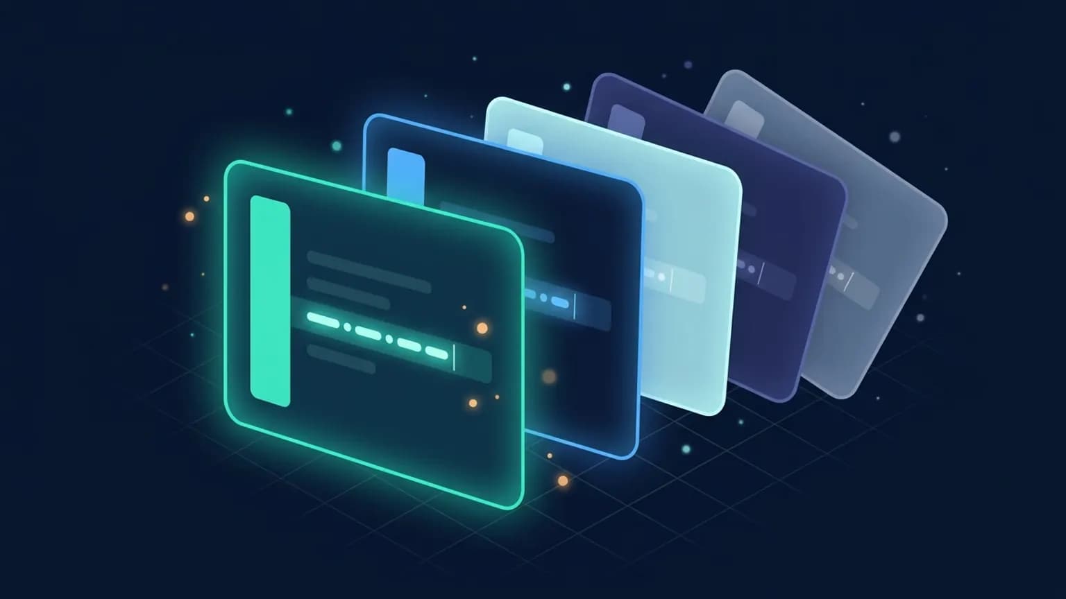 Editorial illustration: five luminous keystroke glyphs (Cursor Tab cursor, GitHub octocat tab, Codeium wave, Tabnine T, Sourcegraph C) floating above a midnight code editor, connected by a faint cyan trail of completion suggestions.