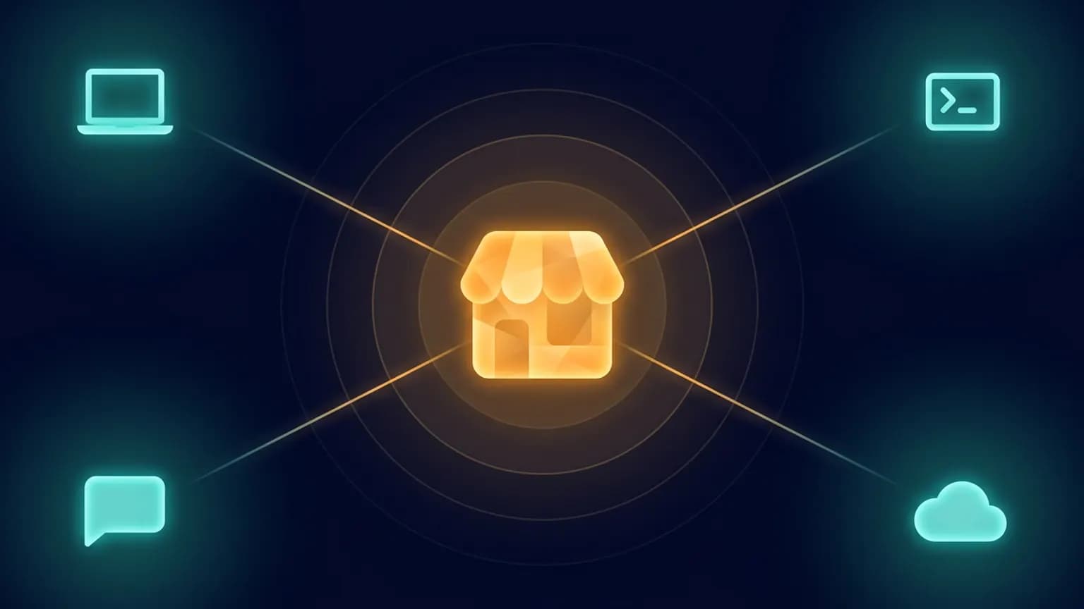 Editorial illustration: a single luminous storefront-shaped hub glyph at the center in warm amber, radiating four thin glowing paths outward to smaller rounded surface glyphs, over a deep midnight-navy gradient with faint concentric access rings.