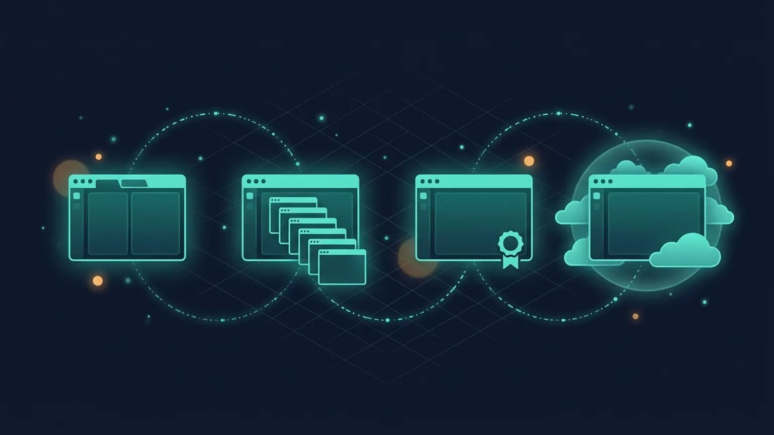 Editorial illustration: four luminous teal abstract IDE-window glyphs in a horizontal row — Cursor with a tab + Composer split, Windsurf with a Cascade-style waterfall, Antigravity with a free-tier badge, Kiro with an AWS-cloud halo — connected by dot-and-dash teal arcs on a midnight navy background.