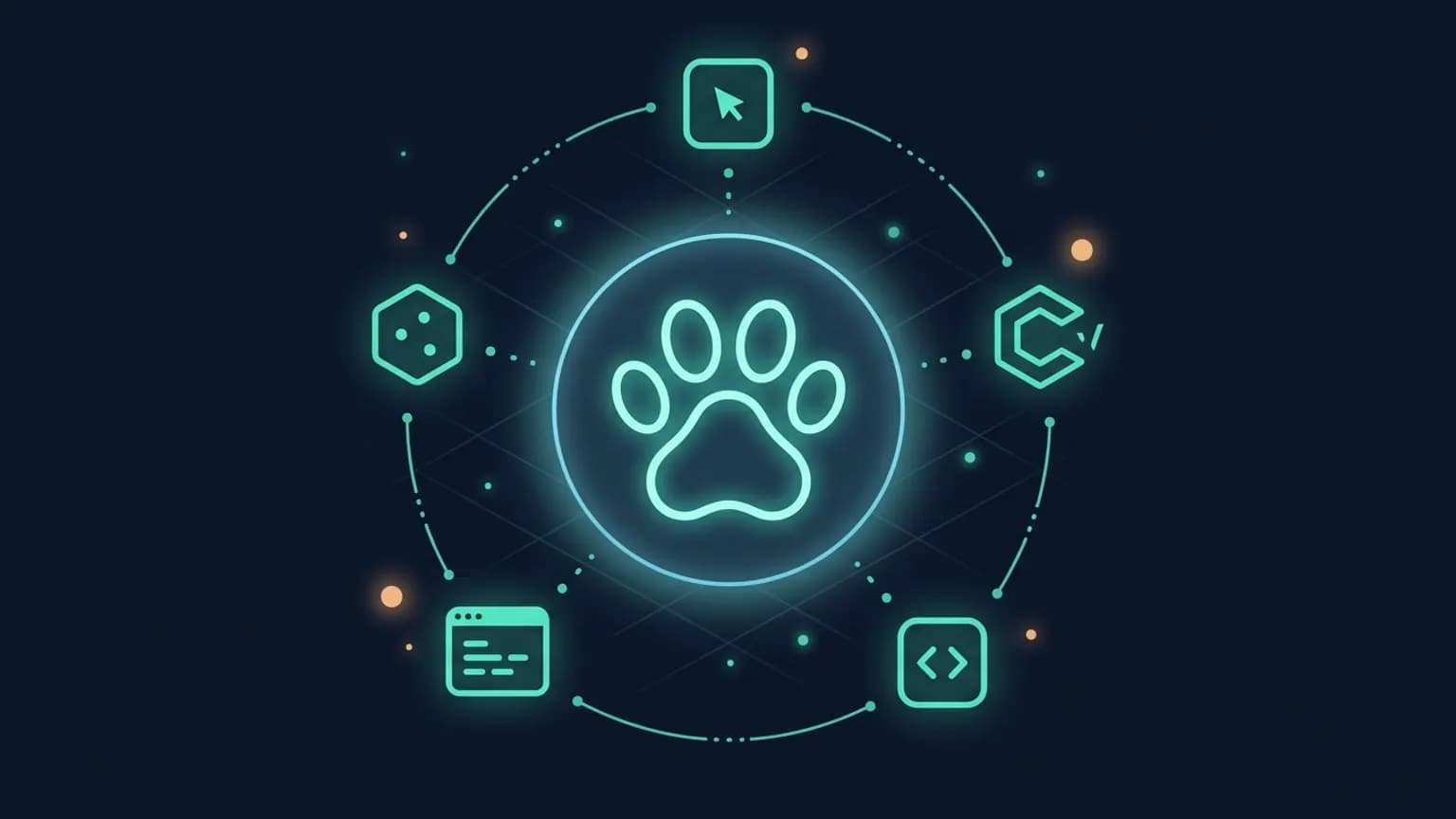 Editorial illustration: a central luminous teal Datadog dog-paw-print glyph at the center (a small paw outline) surrounded by an orbital ring of smaller MCP-client glyphs (Claude, Cursor, Codex CLI, Claude Code, OpenCode TUI) connected by softly glowing metric-query arcs on a midnight navy backdrop.
