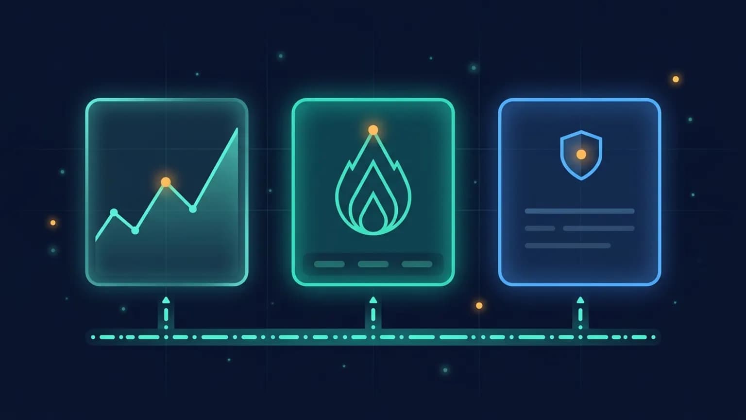 Editorial illustration: three luminous observability glyphs (a metric chart, a Grafana-style flame, a Sentry-style shield) connected by dotted query lines on a midnight navy backdrop.