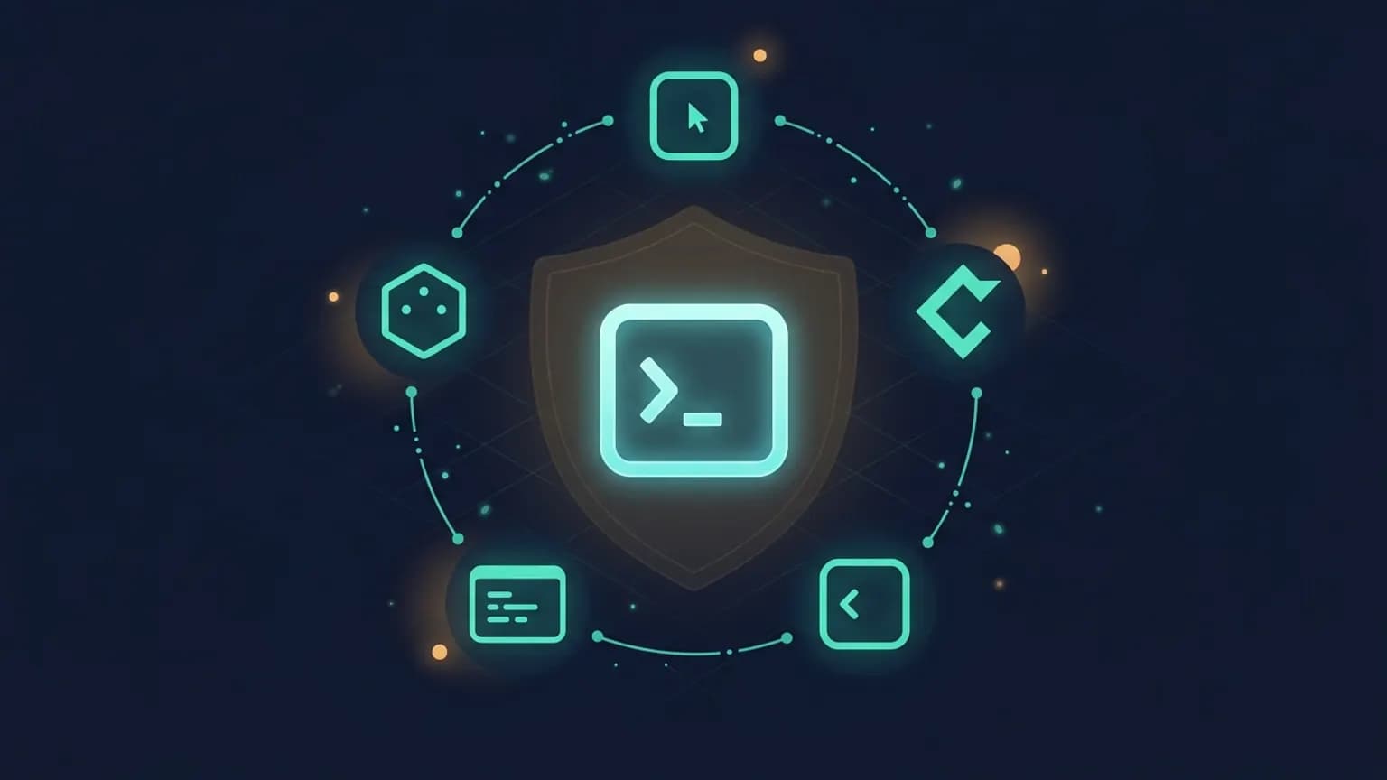 Editorial illustration: a central luminous teal Desktop Commander glyph at the center (a stylized terminal-window outline with a small shell-prompt chevron inside) surrounded by an orbital ring of smaller MCP-client glyphs (Claude, Cursor, Codex CLI, Claude Code, OpenCode TUI) connected by softly glowing command-execution arcs on a midnight navy backdrop.
