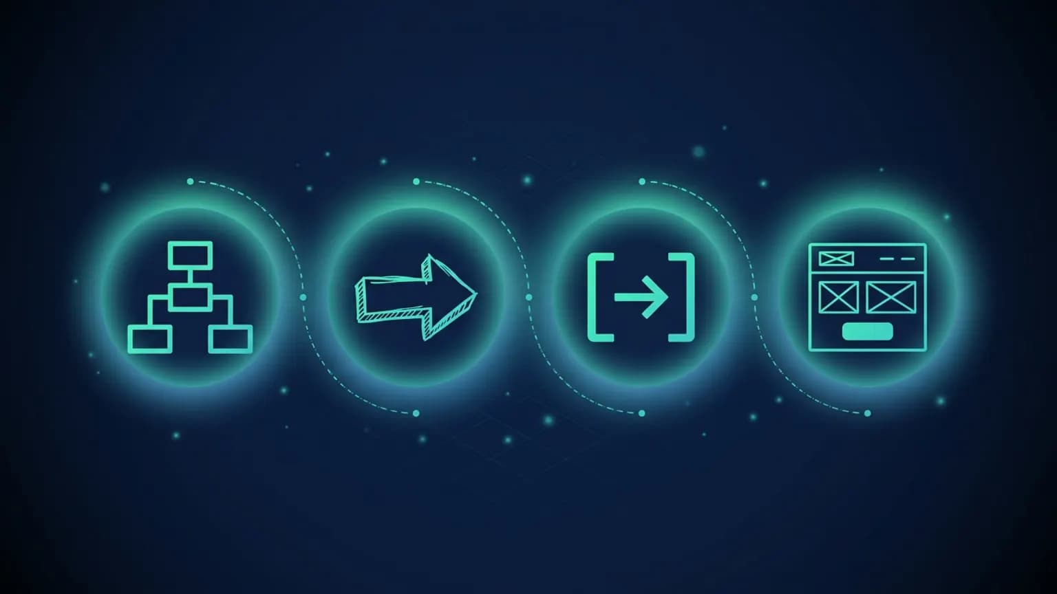 Editorial illustration: four luminous teal diagram glyphs — a flowchart node-tree (drawio), a sketchy hand-drawn arrow (Excalidraw), a code-bracket-with-arrow (Mermaid), a UI-canvas frame (Penpot) — connected by dot-and-dash teal arcs on a midnight navy background.