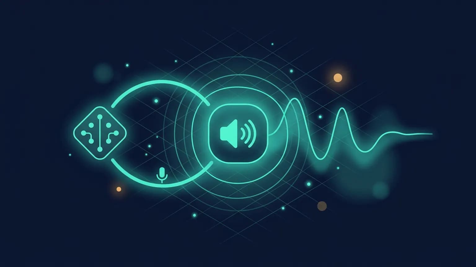 Editorial illustration: a central luminous amber sound-wave glyph radiating concentric arcs at the geometric center, surrounded by an orbital ring of smaller abstract glyphs — a speech bubble, a microphone outline, a waveform bar, a phone-handset shape — connected by softly glowing signal arcs on a deep midnight-navy backdrop.