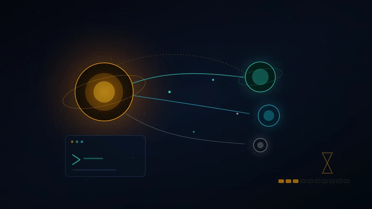 Editorial illustration: a large warm-amber orb above a terminal-window outline routes glowing rails to three smaller teal, cyan, and silver orbs on midnight navy — model routing from a flagship model down to cheaper tiers, with a depleting usage meter in the corner.