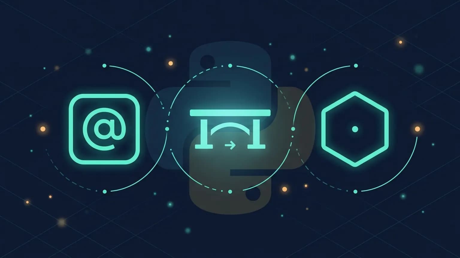 Editorial illustration: three luminous teal Python-snake glyphs in a row — a FastMCP decorator badge, a FastAPI-MCP bridge arch, an official Python SDK Anthropic-style hex — connected by softly glowing protocol arrows on a midnight navy backdrop.
