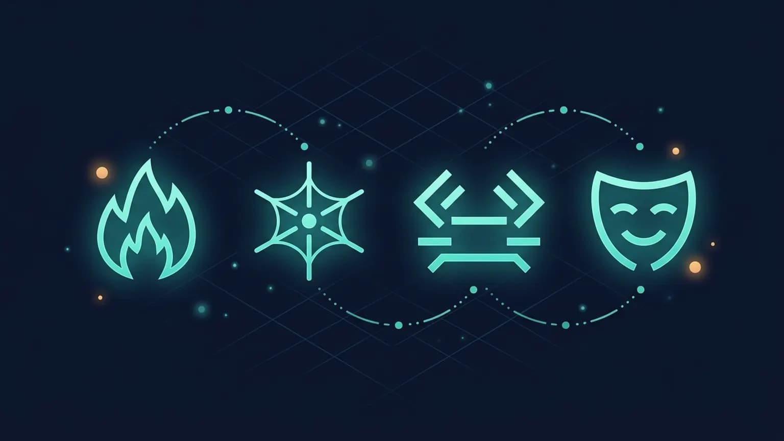 Editorial illustration: four luminous teal scraping icons in a horizontal row — Firecrawl flame, Anycrawl spider, Crawlee crab, Playwright theatre mask — connected by data-pipeline arrows on a midnight navy background.