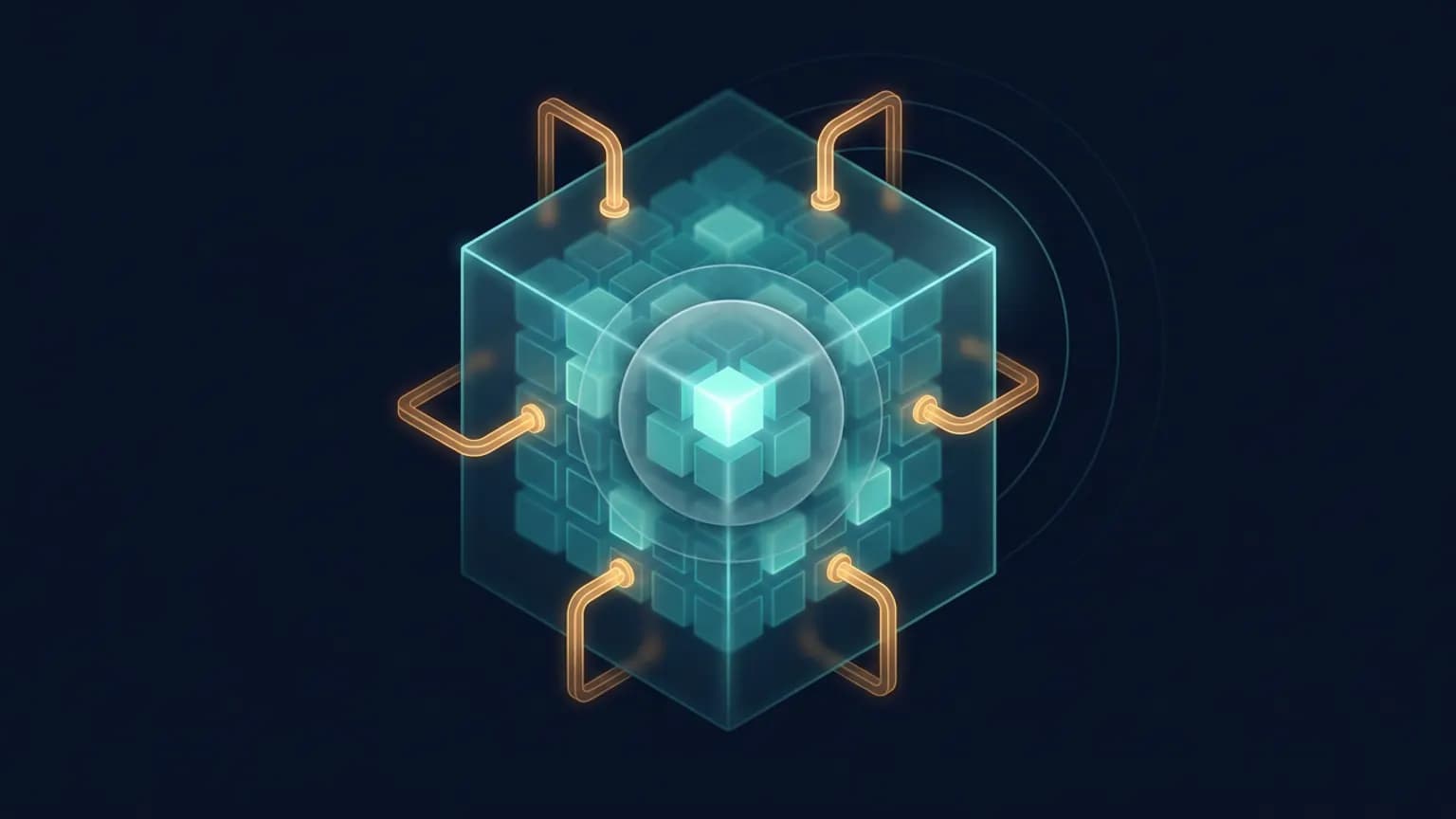 Editorial illustration: a luminous teal wireframe of a running process at the geometric center, fine glowing hook-lines clamping onto its function nodes, translucent memory-cell grids lit from within, and a soft orbital ring of agent-tool glyphs probing the structure on a deep midnight navy backdrop.