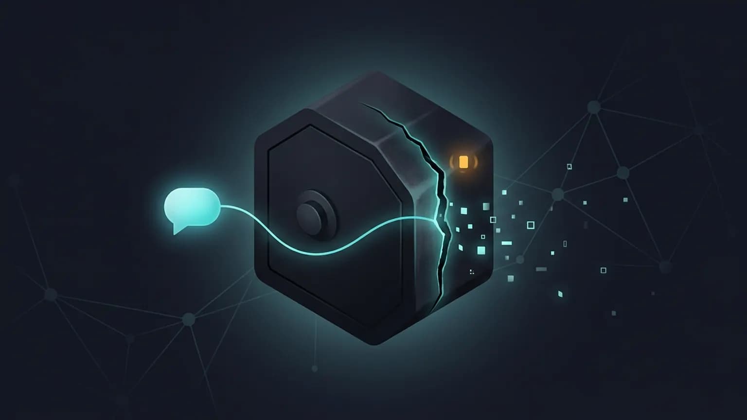 Editorial illustration: a matte charcoal hexagonal vault node with a hairline crack along one seam, a thin luminous cyan thread unspooling from a small rounded speech-bubble glyph beside it, tiny glowing square data-fragments drifting through the crack toward a loose lattice of faint connected nodes, on a deep midnight-navy background.