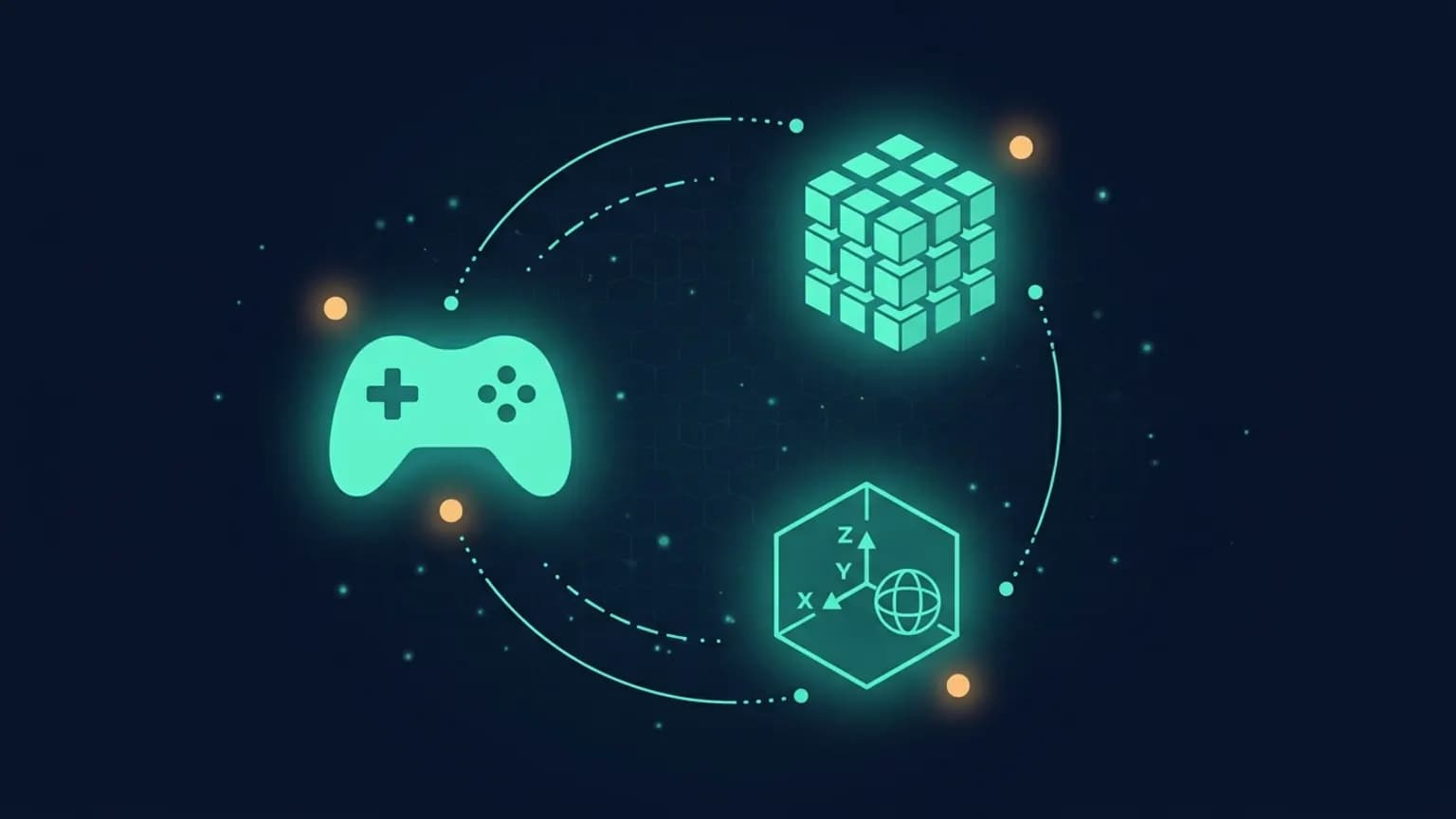 Editorial illustration: three luminous teal glyphs — a controller-shape for Godot, a layered cube for Unity, a 3D viewport grid for Blender — connected by dot-and-dash teal arcs on a midnight navy background.