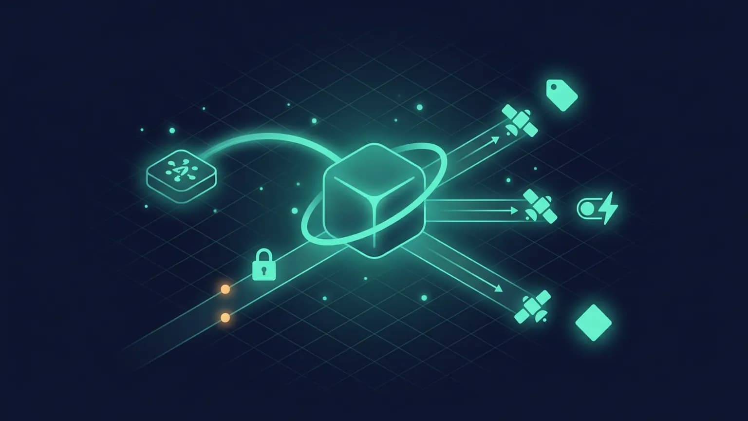 Editorial illustration: a central luminous teal container glyph — a stacked-layer outline with a small tag-shaped badge — surrounded by an orbital ring of smaller node glyphs representing tags, triggers, and variables, linked by softly glowing arcs to an AI-agent glyph on a deep midnight navy backdrop, with a small key-shaped OAuth motif at one edge.