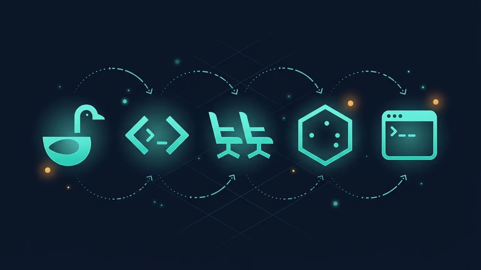 Editorial illustration: five luminous teal terminal glyphs in a horizontal row — a goose silhouette, an IDE bracket, a pair-programming chair, a Claude logomark, and a TUI window — connected by softly glowing command-line arrows on a midnight navy backdrop.