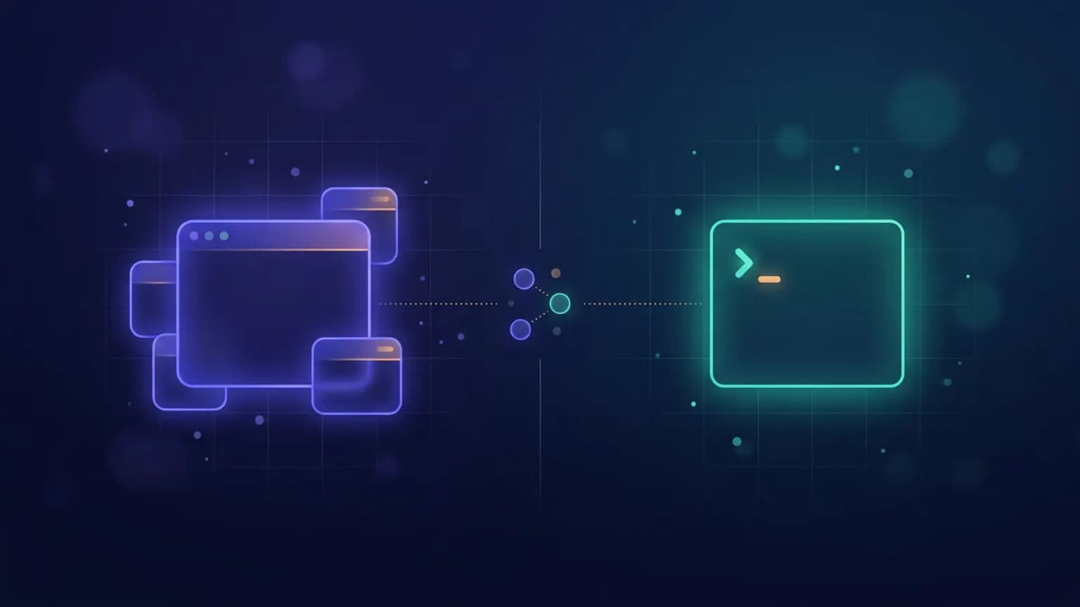 Editorial illustration: two glowing coding-agent glyphs — a desktop window paired with a CLI prompt, and a standalone terminal cursor — linked by dotted MCP tool-call lines over a deep indigo backdrop.