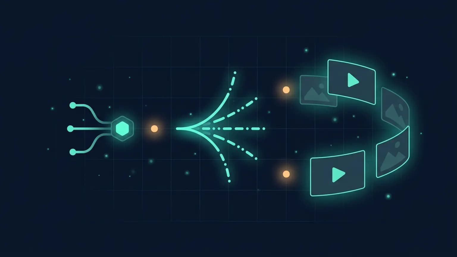 Higgsfield MCP hero illustration: an AI agent connected by a glowing teal flow arc to a constellation of media-card glyphs representing video and image generations.