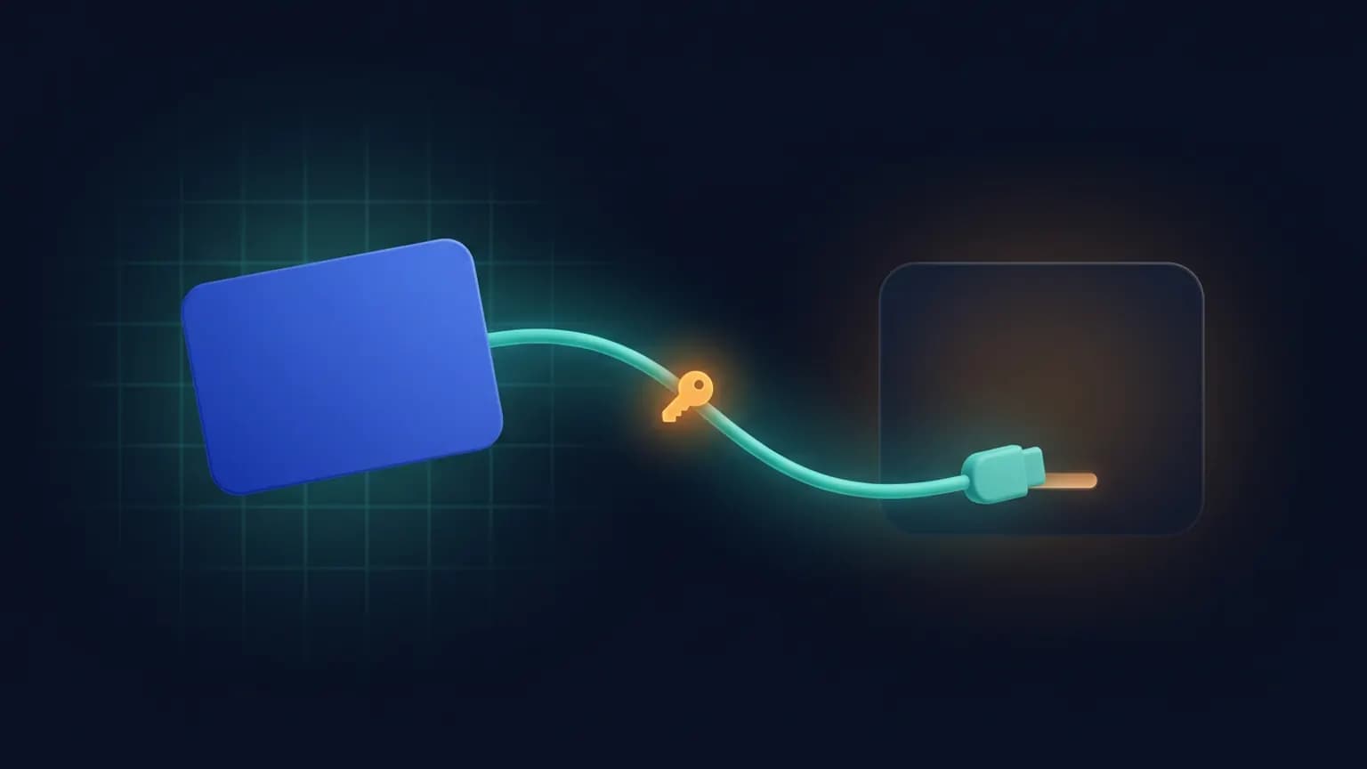 Editorial illustration: a cobalt-blue Atlassian-style issue card connected by a glowing teal cable and a plug glyph into a dark terminal window, with a small amber consent-key glyph on the cable, on a deep midnight-navy background.