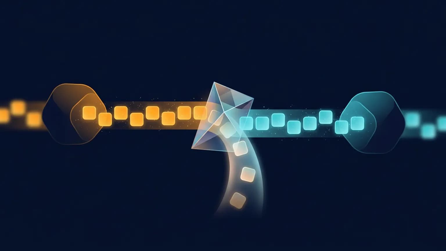 Editorial illustration of two abstract glowing nodes linked by a stream of small translucent square frames, intercepted at the center by a faceted crystalline lens that splits a few frames into a soft cascade of light, rendered in amber and cyan glow on a deep midnight background.