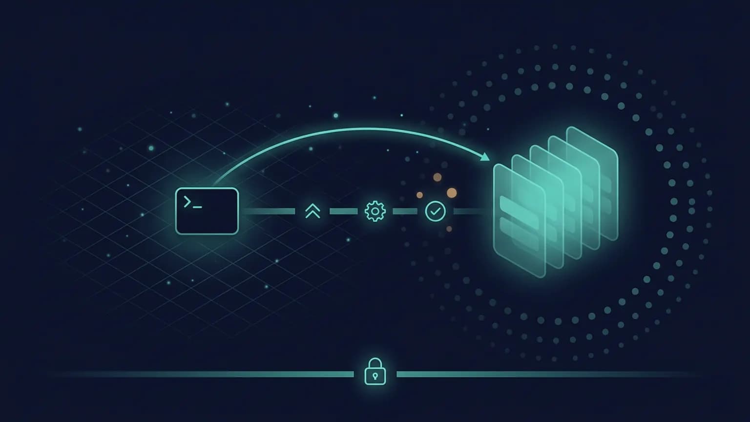 Editorial illustration: a small glowing terminal-window glyph on the left connected by a smooth luminous teal arc to a cluster of larger radiant server-rack rectangles on the right, with small deploy and checkmark glyphs along the connecting path and a faint orbital ring of dim nodes surrounding the cluster, set against a deep midnight background.