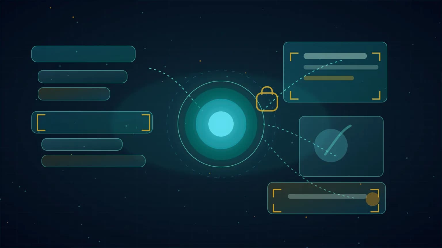 Abstract image-generation workflow with a structured JSON grid, bounding boxes, transparent layers, and a glowing model core.