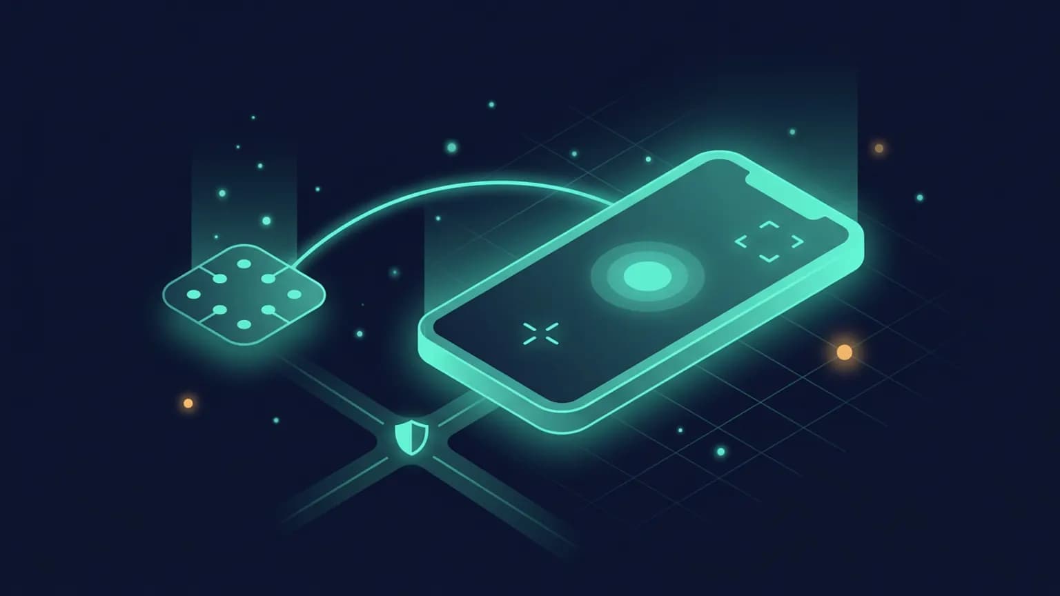 Editorial illustration: a luminous teal smartphone-outline glyph at the geometric center representing an iOS simulator, with a glowing cursor-dot tapping its screen, surrounded by small abstract accessibility-node markers and a soft orbital ring of agent-tool glyphs on a deep midnight navy backdrop.