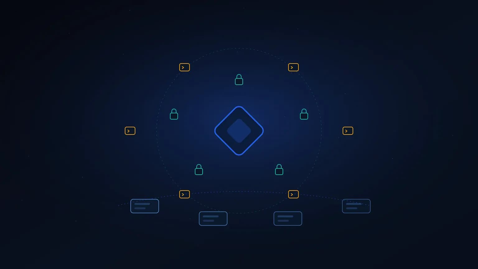 Editorial illustration: a luminous cobalt-blue diamond glyph (a Jira-style issue marker) at the center, orbited by two distinct rings — one polished ring of small lock glyphs representing the official OAuth-secured hosted server, one hand-forged ring of small terminal-cursor glyphs representing the self-hosted community server — with glowing ticket-card rectangles flowing along sprint-lane arcs on a deep midnight navy backdrop.