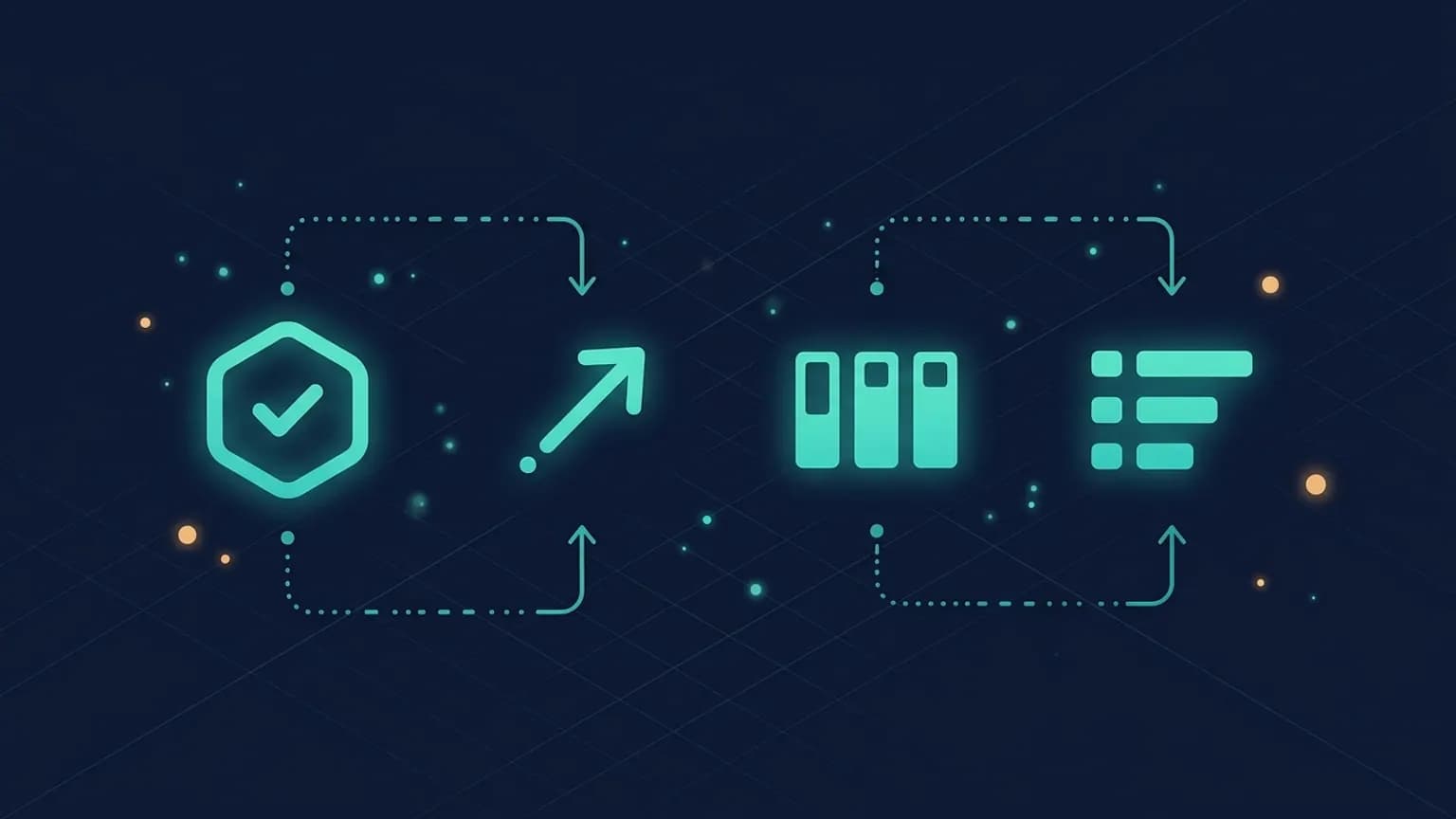 Editorial illustration: four luminous teal kanban-card glyphs in a horizontal row — a Jira hexagon, a Linear angled-arrow, a Trello board grid, a Productboard prioritization-list — connected by softly glowing dependency-arrow lines on a midnight navy backdrop.