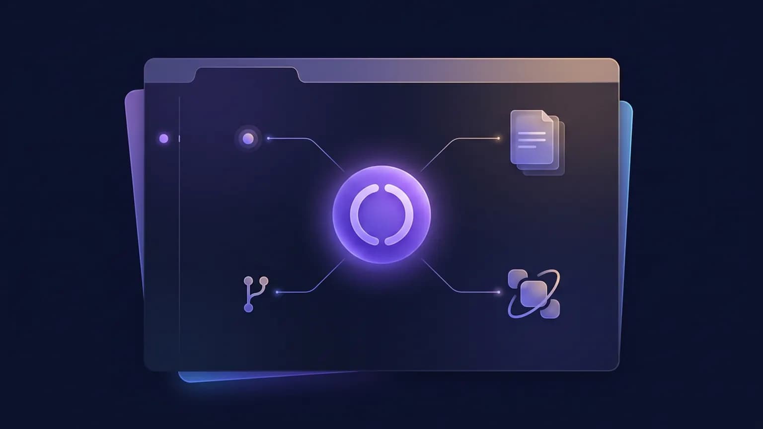 Editorial illustration: a glowing violet circular agent glyph at the center of an abstract IDE window, thin luminous lines branching out to a small breakpoint dot, a layered plan-document card, a branching version-control node, and orbiting model-chip shapes, on a deep midnight backdrop.