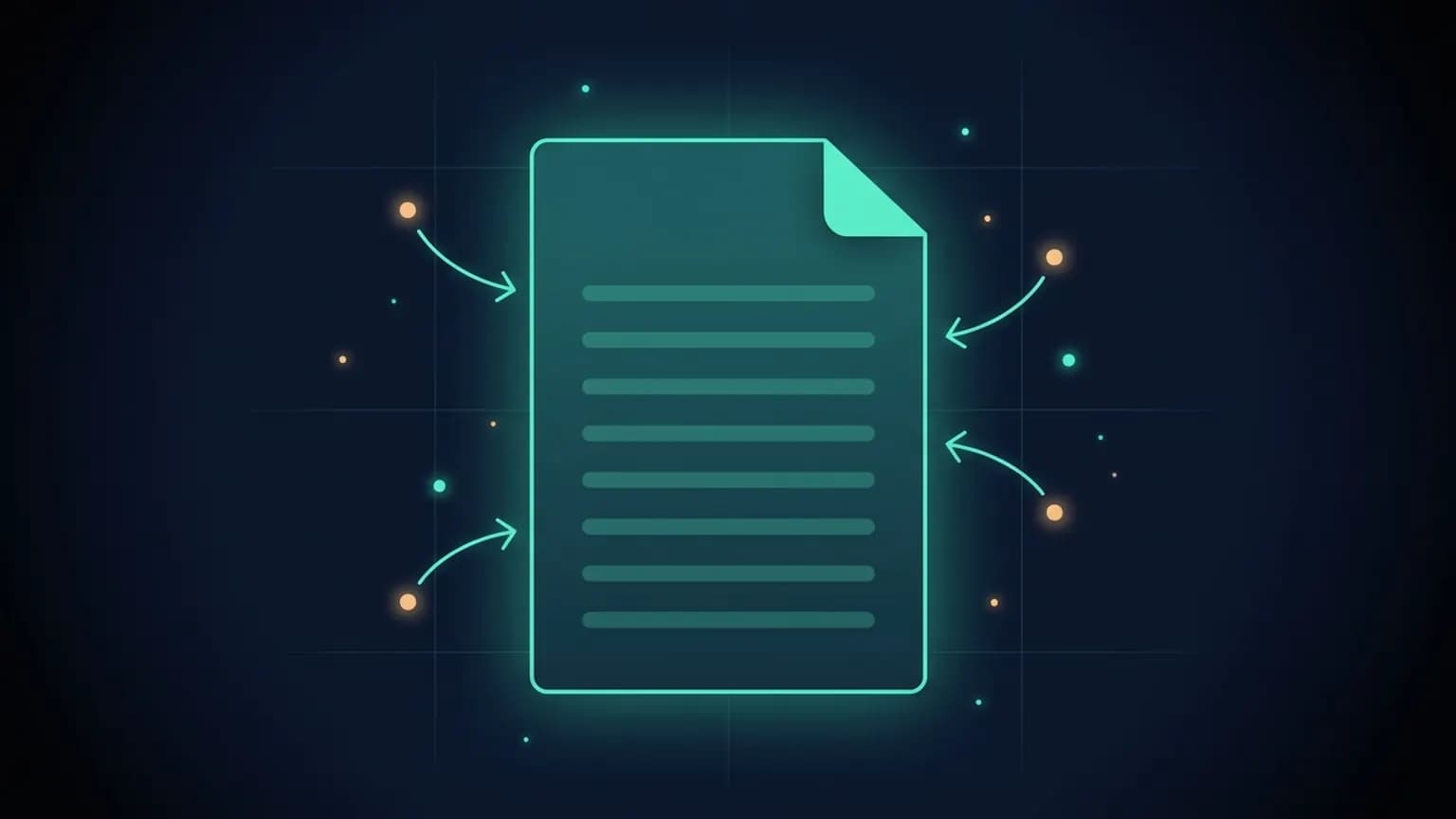 Editorial illustration: a luminous teal markdown document glyph haloed by four orbiting principle rings — think, simplify, surgical, verify — connected by faint dotted guide lines on a midnight navy background.
