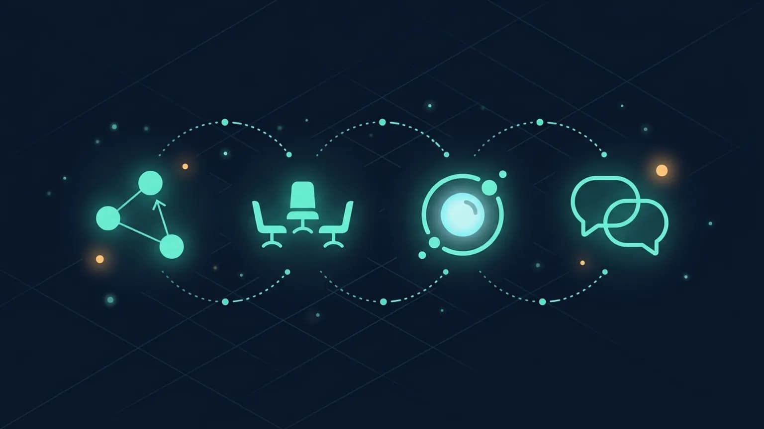 Editorial illustration: four luminous teal Python-flavored agent glyphs in a row — a LangGraph node graph, a CrewAI crew of chairs, a Letta memory orb, an AutoGen dialogue bubble — connected by softly glowing data arrows on a midnight navy backdrop.