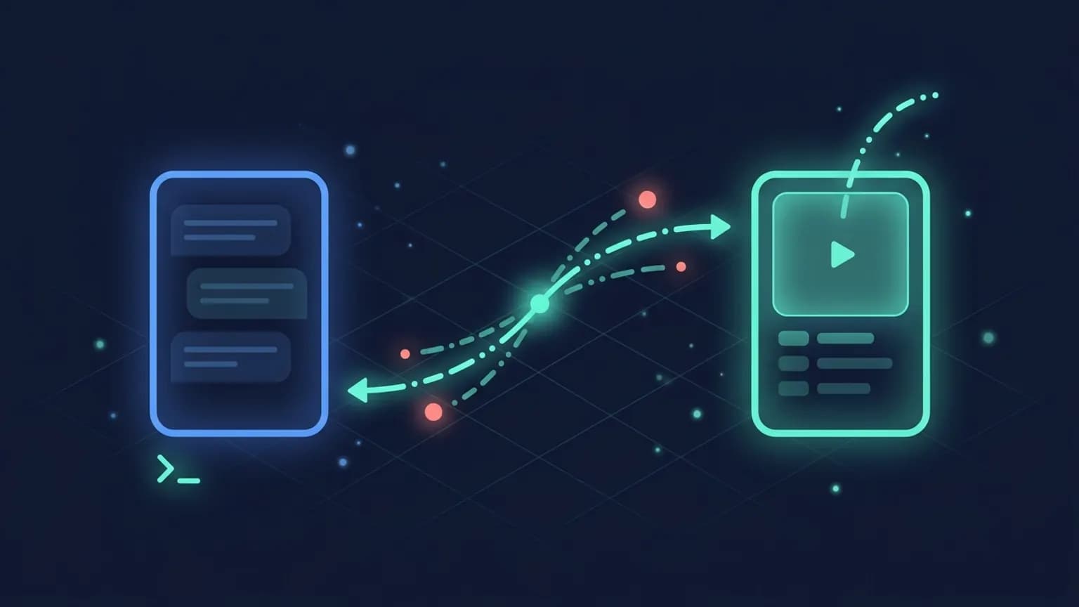 Hero illustration: a luminous teal AI client glyph on the left connected to a luminous teal app-preview glyph on the right by a dot-and-dash light arc, on a midnight navy background with faint coral-pink accent particles.