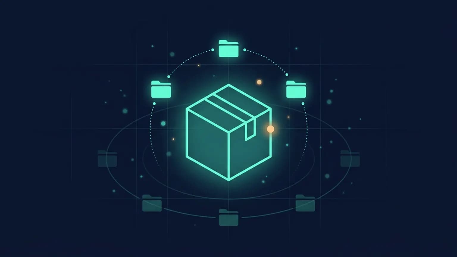 Editorial illustration: a luminous teal package-box glyph at the center of a 16:9 midnight navy frame, with six smaller skill-tile glyphs orbiting it on dot-and-dash arcs, suggesting an npm-style registry for AI agent skills.