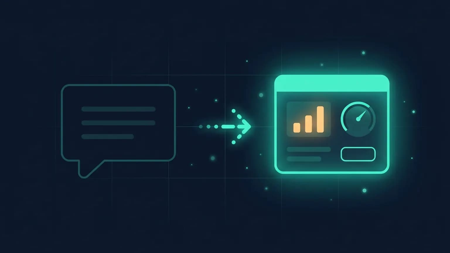 Editorial illustration: a luminous teal chat bubble cradling a glowing iframe window with a small dashboard, form, and chart inside, on a midnight navy background — the chat surface as a UI host.