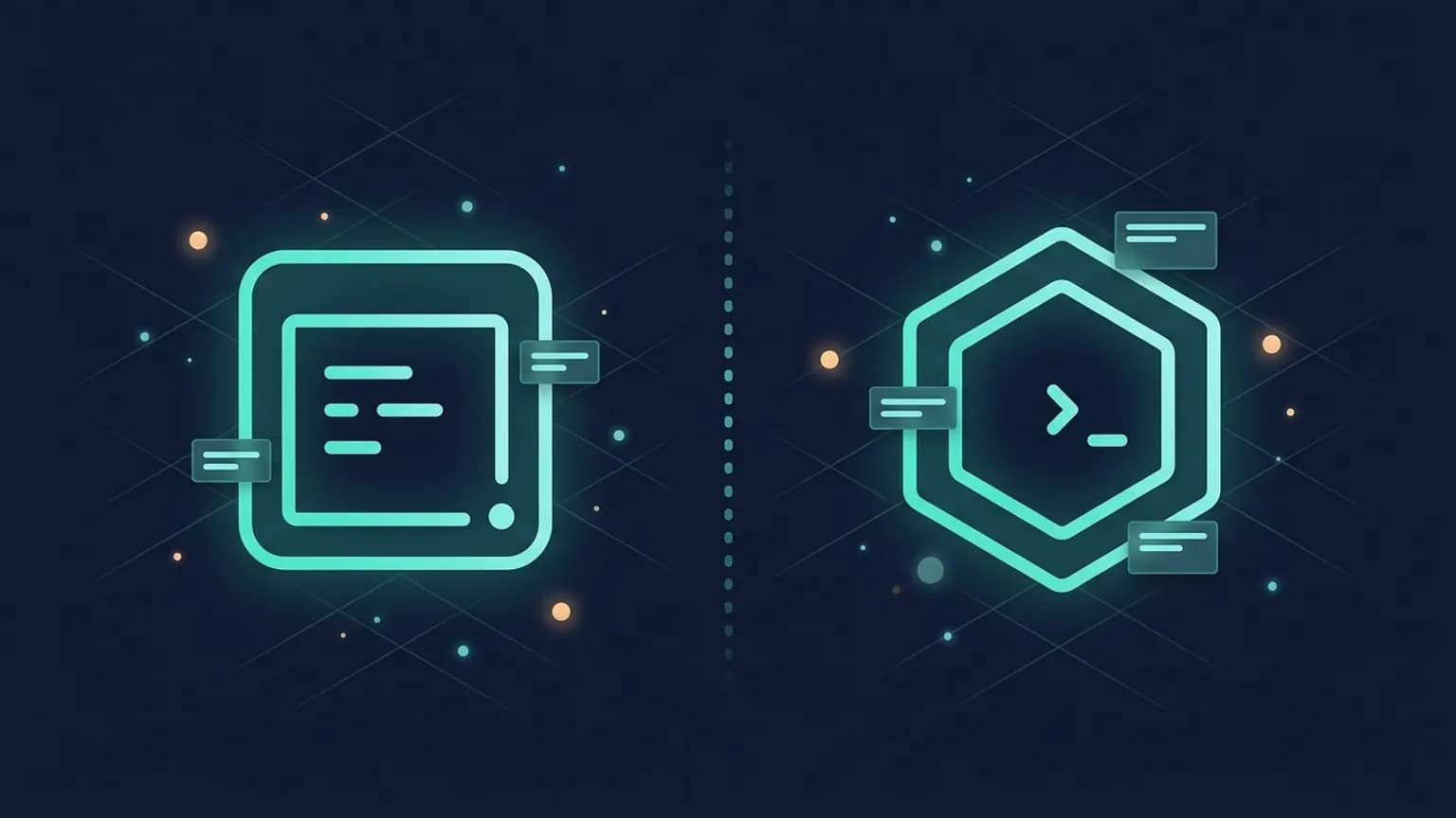 Editorial illustration: two luminous teal app-window glyphs facing each other — an MCP-Apps rounded-square frame with three small inner pane lines, and an OpenAI-Apps angular hexagonal frame with a small directional arrow — connected by a vertical dotted divider in the center on a midnight navy backdrop.