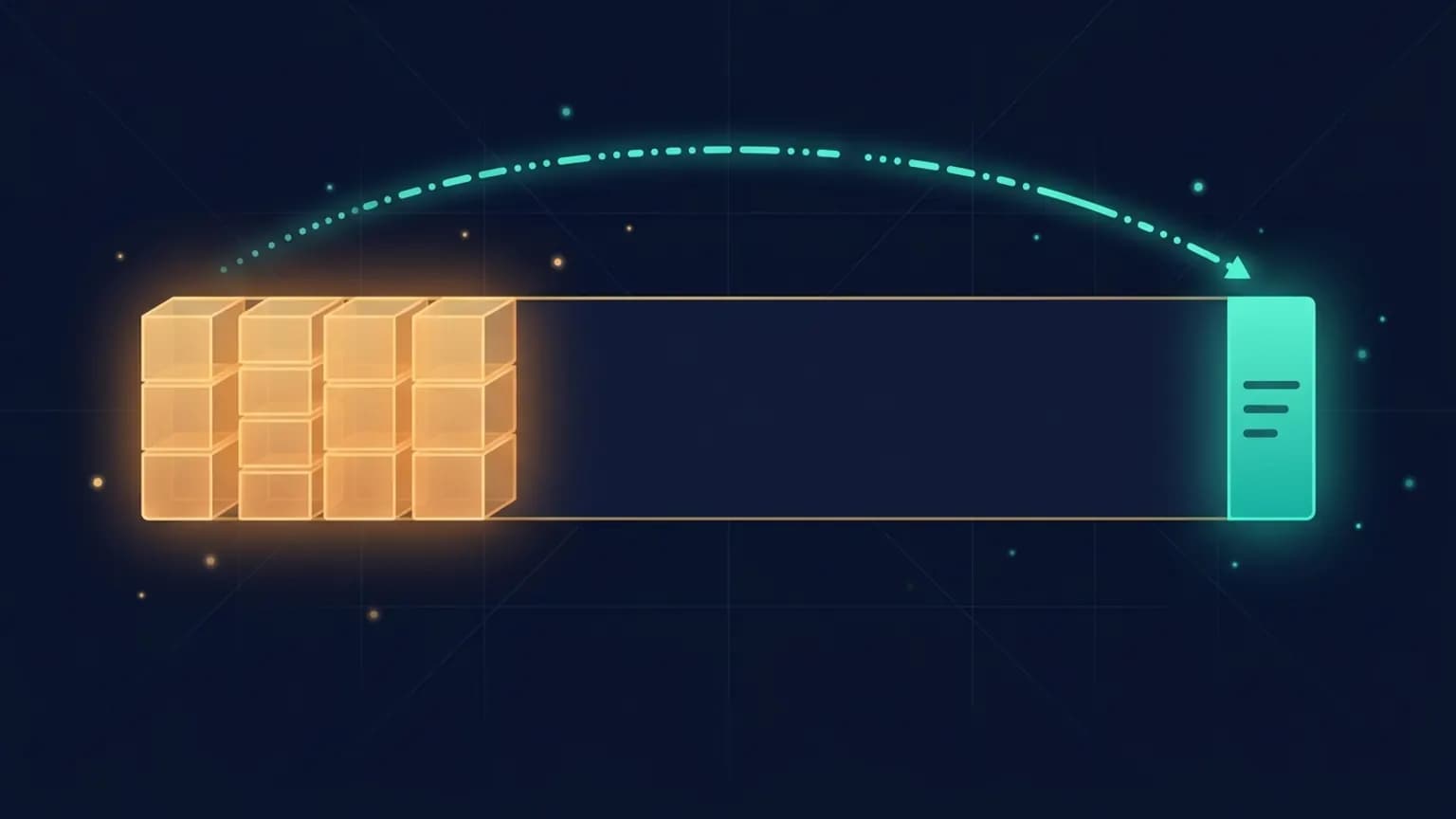 Editorial illustration: a glowing 200,000-token context window depicted as a horizontal bar, with a dense block at the left labeled 67K stamped 'tool definitions' in soft amber, and a thin sliver at the right labeled 'your prompt' in luminous teal, on a midnight navy background.